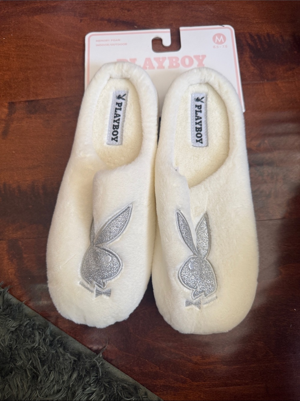 PLAYBOY Cream Plush Slippers with Silver Bunny Emblem